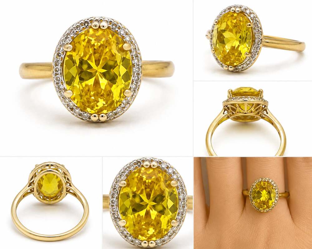 New Oval Yellow CZ Halo Ring Gold Tone | Statement Cocktail Ring | Gift Box